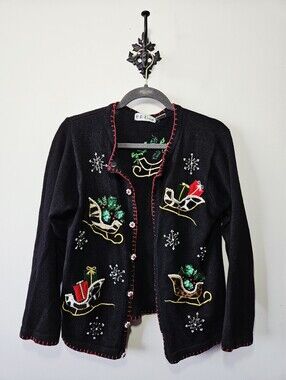Vintage BP Design Christmas Sweater Size S Leopard Tiger Animal Print Sleigh